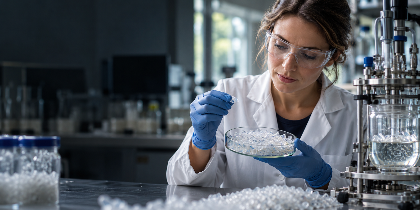 A scientist examining clean clear PET flakes in a shallow glass dish beside a small glass reactor in a modern polymer recycling research laboratory